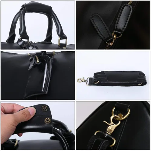 Vista 13 de Leathario Bolsa de viaje de cuero genuino para el fin de semana de la noche para los hombres, equipaje de mano, Negro-S, Pequeña, Vintage