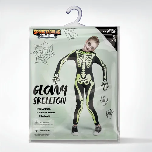 Vista 5 de Spooktacular Creations Disfraz de esqueleto de Halloween para niños, overol unisex de esqueleto que brilla en la oscuridad con guantes para niños