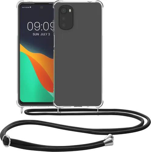 Vista 8 de kwmobile Funda cruzada compatible con Motorola Moto E32/Moto E32s - Funda transparente de TPU con correa de cordón - Negro/Transparente