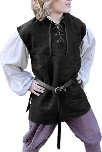 Vista 4 de Camisetas de pirata renacentista para niños, estilo vikingo, medieval, sin mangas, con cordones, de algodón escocés