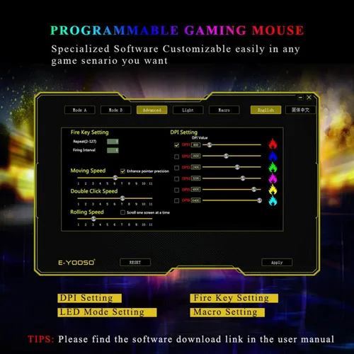 Vista 7 de E-YOOSO Ratón para juegos con cable RGB retroiluminado 6 botones programables con grabación macro, 6400 DPI ajustable, ratón ergonómico