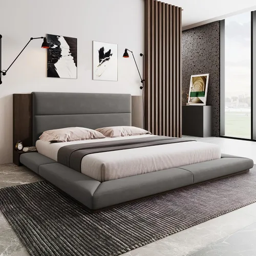 Vista 10 de Moderna cama tapizada de tamaño Queen, forro polar bereber grueso, base de colchón tapizada con cabecera copetuda y soporte de listones de madera