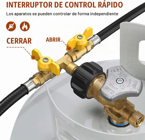 Vista 5 de Manguera divisora de propano de 5 pies de 2 vías con válvula de cierre, convertidor compatible con calentadores Camp Buddy, plancha parrilla Weber