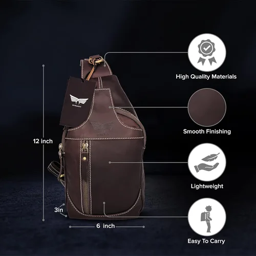 Vista 4 de Bolso bandolera de cuero cruzado Mochila casual Mochila Pecho Hombro Multiusos Diseño atemporal Pequeños Hombres, Marrón oscuro, Bolsos cruzados
