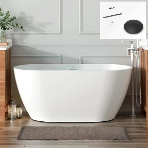 Vista 12 de FerdY Bañera independiente de acrílico Bali de 47 pulgadas, bañera independiente con forma elegante, certificado cUPC, drenaje dorado cepillado
