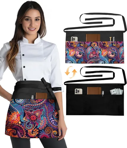 Vista 14 de Slohif Delantal Reversible de Servidor con 6 Bolsillos - Delantal de Cintura para Camarera Mujeres Delantal Corto de Media Porción Camarero