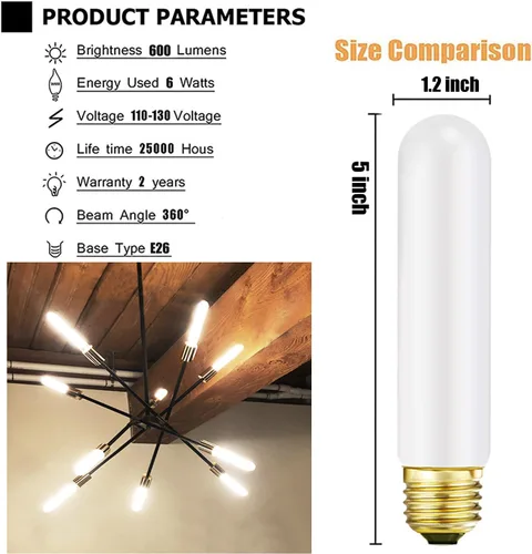 Vista 5 de Leools Bombilla LED esmerilada T10, bombilla LED tubular regulable E26, 8 W igual a 60 W, 3000 K, blanco suave, CRI90+, 600 lm, base E26