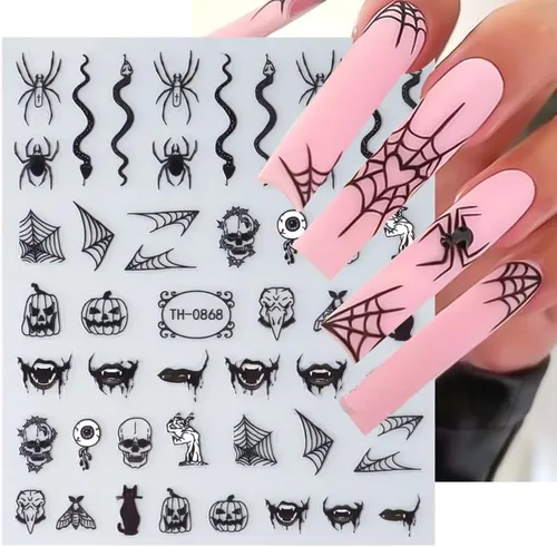 Vista 4 de Calcomanías para Uñas de Halloween, 6 Hojas de Calcomanías para Uñas de Fantasma Negro 3D Autoadhesivas Pequeñas de Horror Calabaza Brujas