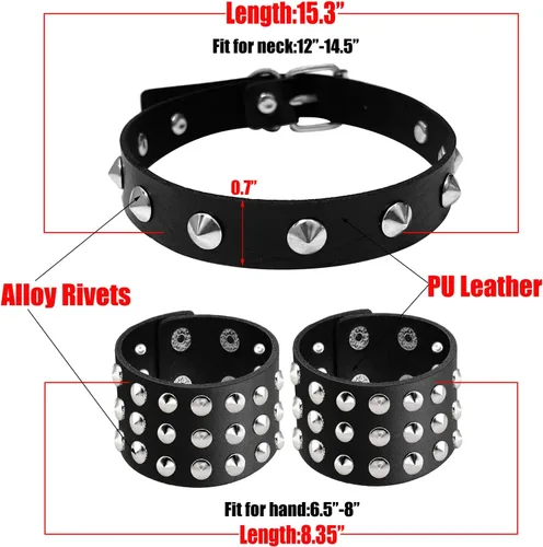 Vista 7 de Gargantilla y pulseras con tachuelas de pirámide para hombres y mujeres, pulsera de cuero de los años 80, juego de brazaletes de pulsera - Punk Rock