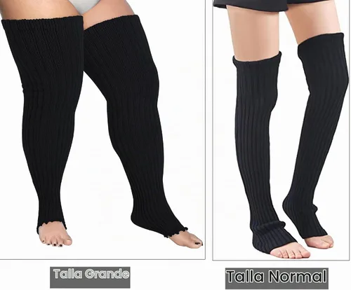 Vista 4 de Calentadores de piernas de talla grande para mujer, calcetines de punto por encima de la rodilla sin pies para muslos gruesos C01-negro/gris oscuro