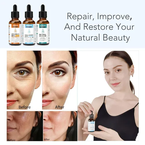 Vista 9 de Suero facial que desafía la edad, vitamina C, retinol y ácido hialurónico para arrugas, líneas finas, firmeza de la piel y retención de humedad