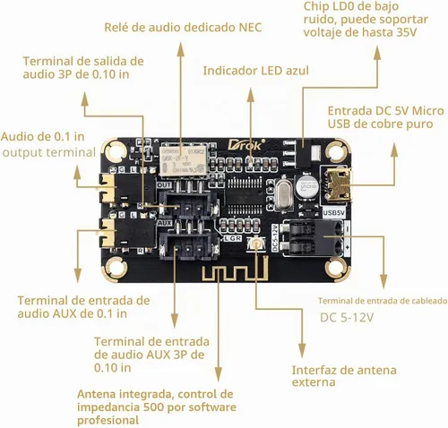 Vista 2 de DROK Placa de Bluetooth, Receptor de Audio de 12V, Módulo de Bluetooth DC 5V-12V, Electrónica Portátil, Circuito de Recepción de Música Estéreo
