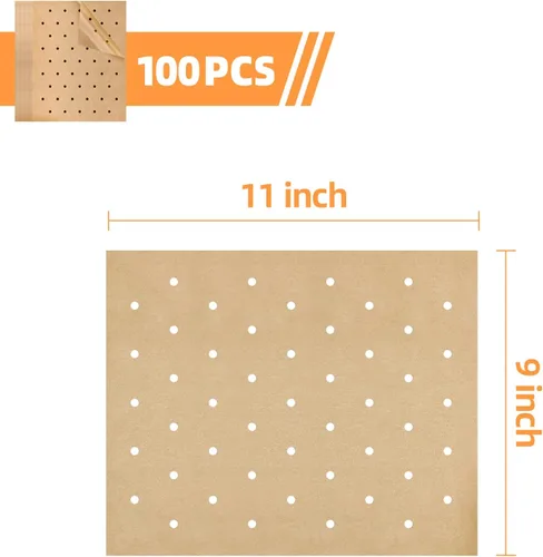 Vista 3 de Papel pergamino para freidora de aire, 100 piezas de papel pergamino para freidora de aire sin blanquear, forros desechables para freidora de aire
