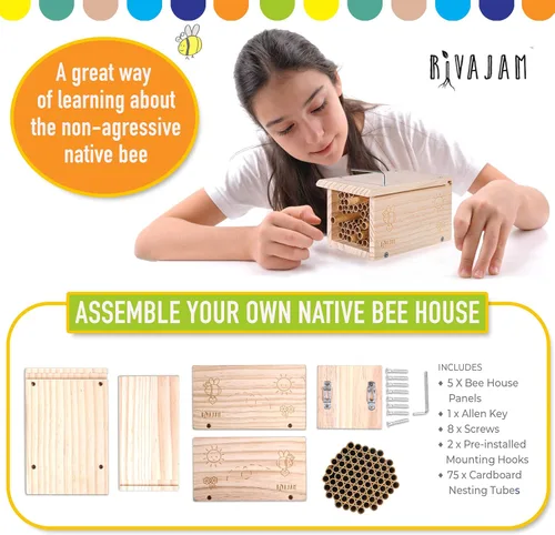 Vista 4 de Rivajam Construye un proyecto de carpintería de bricolaje de casa de abejas Caja de anidación de madera solitaria Mason Bee House Kit