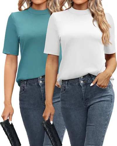 Vista 2 de Paquete de 2 camisetas casuales para mujer, cuello alto falso, camisas de negocios, media manga corta, cuello alto, manga corta, blusa de trabajo