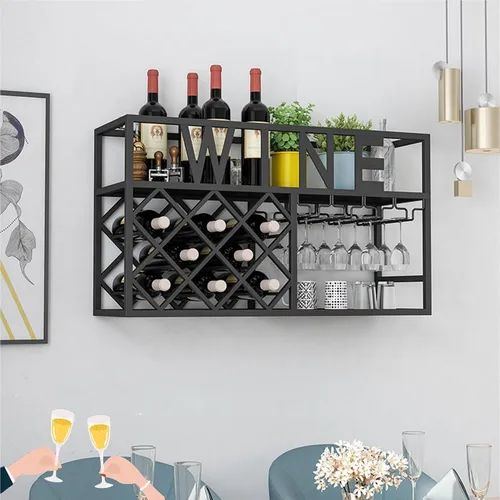 Vista 7 de Estantes de metal para vino, estantes de bar montados en la pared con soporte colgante para copas de vino, estante de exhibición de botellas