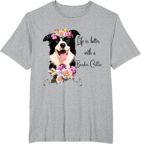 Vista 47 de Life is Better With a Border Collie - Camiseta de perro lindo con flores, gris, S Gris Oscuro
