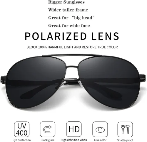 Vista 4 de Gafas de sol de aviador polarizadas extra grandes de marco ancho XL para hombres grandes gafas de piloto militares de gran