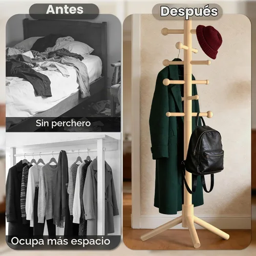 Vista 7 de Perchero de madera independiente con 12 ganchos, 3 alturas ajustables, perchero de pie para sombrero y perchero para espacios pequeños, entrada