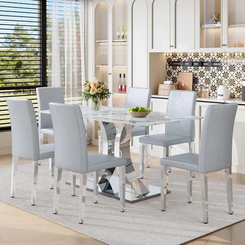 Vista 16 de Juego de mesa de comedor de mármol para 4, moderna mesa de oro blanco de 63 pulgadas con patas de marco de forma intercambiable y sillas de comedor