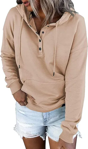 Vista 15 de Sudaderas con capucha para mujer, con cuello de botón, sin botones, con cordón, manga larga, lindas, ropa para adolescentes y niñas
