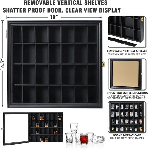 Vista 2 de Vitrina de vidrio de chupito, soporte de madera para armario montado en la pared, caja de sombra negra con cerradura con protección UV, exhibición