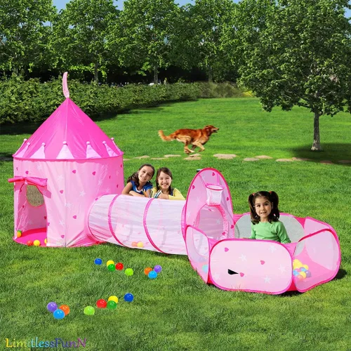 Vista 3 de Tienda de campaña para niños, túnel de gateo, pozo de pelotas y luces, casa de juegos para niños, rosa
