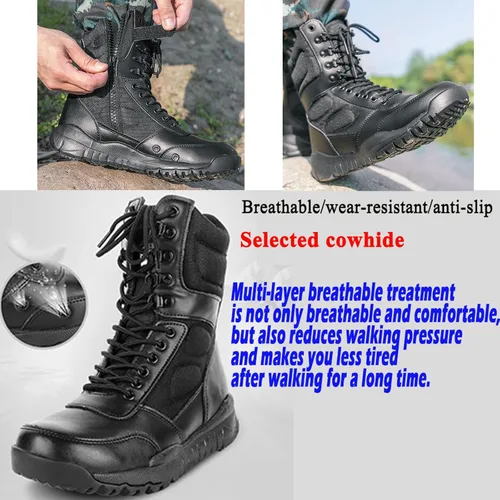 Vista 2 de Botas militares tácticas para hombre, zapatos negros para hombre, desierto, combate, ejército, senderismo, al aire libre, cremallera lateral