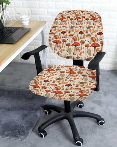Vista 3 de Funda para silla de oficina, diseño de hongos, diseño de hojas de otoño, protector y elástico, universal, giratorio, 2 piezas, para silla