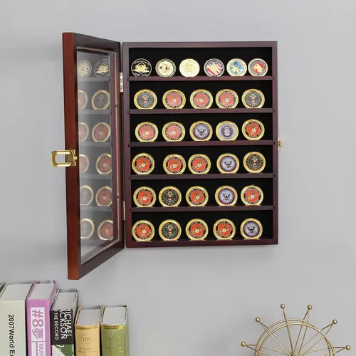 Vista 5 de ARTAWEIN Expositor de monedas de desafío militar con cerradura con cerradura con 2 estantes extraíbles y estantes extraíbles de 2 ranuras y puerta