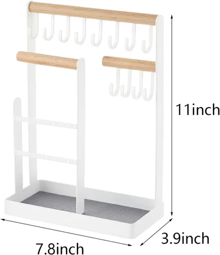 Vista 6 de JNTKE Organizador de joyas, soporte para collares, estante de torre de 4 niveles con 18 agujeros para aretes y bandeja y 12 ganchos para colgar