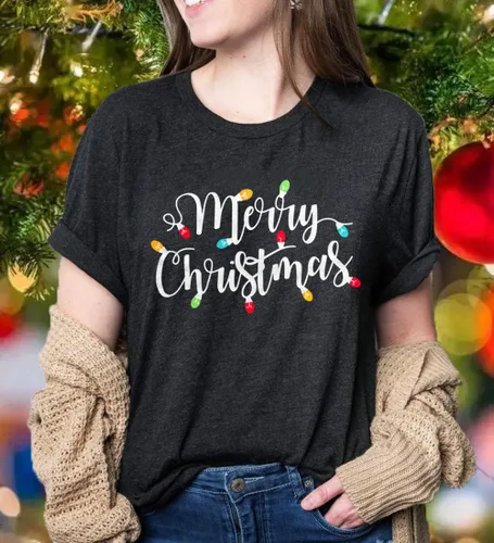 Vista 5 de Camisetas navideñas para mujer Let's Get Lit, camisa con lindo diseño gráfico de luces, manga corta, tops y camisetas de Navidad Gris-Carbón
