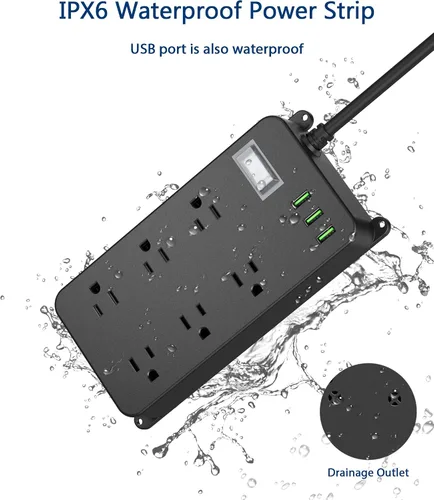 Vista 2 de Regleta de alimentación para exteriores resistente a la intemperie con USB, protector de sobretensiones impermeable, 3 puertos USB, 6