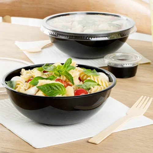 Vista 3 de Restaurantware Ensaladeras de plástico de 21 onzas, 200 cuencos de plástico desechables reciclables, grandes tazones de plástico negro para llevar