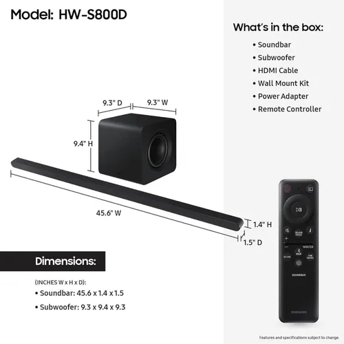 Vista 2 de Samsung Barra de sonido S800D de 3.1.2 canales con Dolby Atmos inalámbrico, HW-S800D/ZA (2024) (renovada)