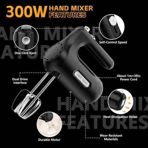 Vista 8 de Lord Eagle - Batidora de mano eléctrica de 5 velocidades, batidora de mano compacta de 300 W, batidora de huevos portátil de cocina con 5 accesorios