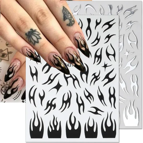 Vista 6 de 8 hojas de calcomanías de arte de uñas con llama irregular, plateado metálico, negro, blanco, oro, calcomanías autoadhesivas Y2k para diseño de uñas