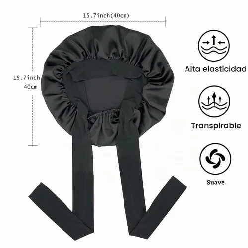 Vista 3 de Gorro de satén de seda para dormir con banda de amarre y tiras ajustables, para mujeres con cabello rizado y trenzado, color negro, tamaño grande
