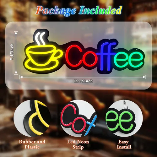Vista 3 de Letreros de neón de café para decoración de pared, letrero de barra de café, regulable, alimentado por USB, luces de neón para cafetería, estación