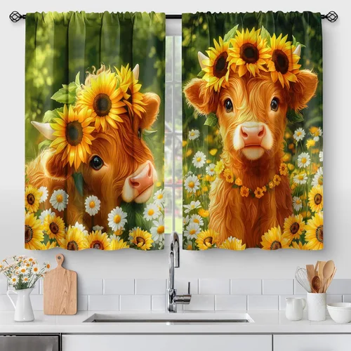 Vista 27 de Aimego - Cortinas de cocina con plantas rústicas y flores de primavera, botánicas, con hojas verdes, cortas, para cafetería, baño, con bolsillo