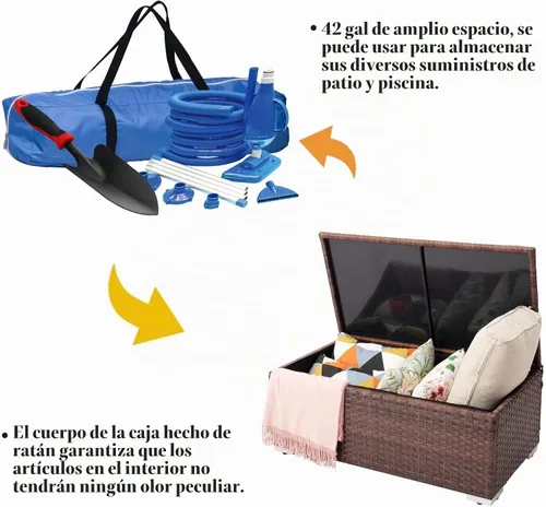 Vista 5 de DIMAR GARDEN Mesa de almacenamiento al aire libre de 42 galones, caja de almacenamiento de mimbre para patio con cubierta impermeable, marrón