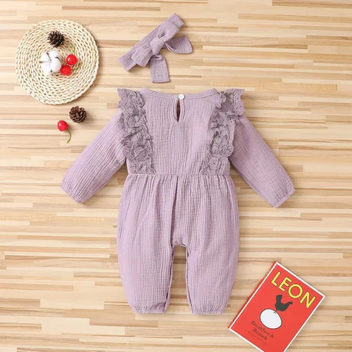 Vista 3 de Mono de algodón para bebé, ropa de niña con lazo para niña, un mameluco de encaje de lino para niñas de 0 a 24 meses (morado, 0 a 3 meses)
