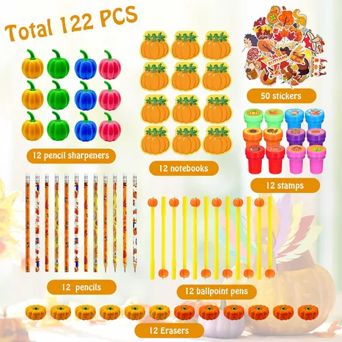 Vista 3 de Cinrobiye 122 piezas de calabazas de otoño, regalos de fiesta, suministros de fiesta de hoja de arce, Día de Acción de Gracias, juego de papelería