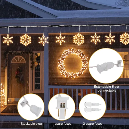 Vista 4 de Luces de Copo de Nieve de 8.5 Pies con 6 Gotas, 100 Bombillas Transparentes de Luces de Cadena de Navidad, Enchufables y Conectables Juego de Luces