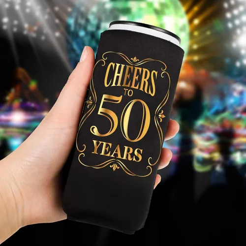 Vista 6 de JOELELI Decoraciones para fiestas de cumpleaños número 50, fundas de neopreno para latas de cerveza, decoraciones de 50 aniversario y regalo