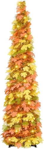 Vista 17 de MACTING Árbol de Navidad desplegable con 50 luces LED con temporizador, 5 pies, árbol de lápiz de oropel plegable de fácil montaje, árbol artificial