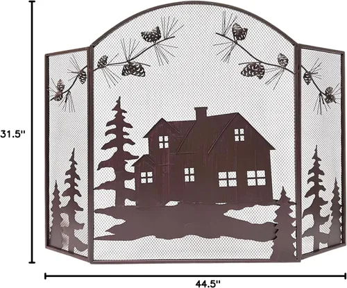 Vista 9 de BestGiftEver Pantalla decorativa para chimenea de 3 paneles con diseño de cono de pino de cabaña de casa, cubierta de chimenea, pantalla de malla