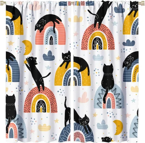 Vista 21 de Cortinas de estilo de mediados de siglo, diseño geométrico abstracto moderno, diseño retro, estampado de gato negro, para dormitorio, sala de estar