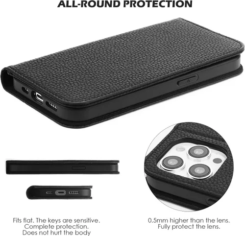 Vista 4 de WALLFID Funda de cuero para iPhone 14 Pro con tarjetero y función de soporte, piel auténtica, antiarañazos (negro)