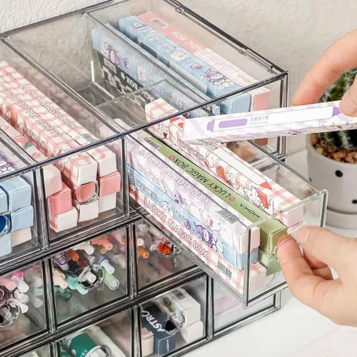 Vista 3 de Paquete de 3 cajones de almacenamiento de acrílico apilables, organizador de escritorio, cajas de almacenamiento de cosméticos transparentes, diseño